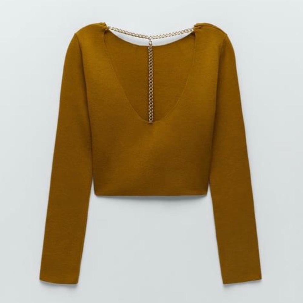 Zara Ocra Knit Long Sleeve Crop Too with Chain Details